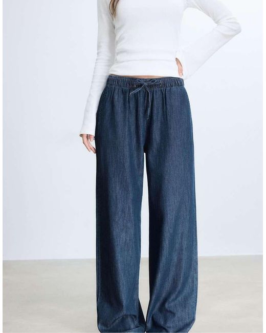 Stradivarius Blue Flowy Denim Trousers With Drawstring