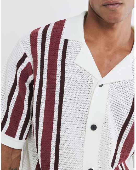 River Island White Short Sleeve Textured Stripe Shirt for men