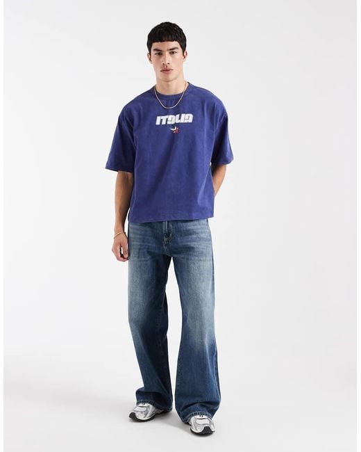 ASOS Blue Heavyweight Boxy Oversized T-Shirt With Italia Graphic for men