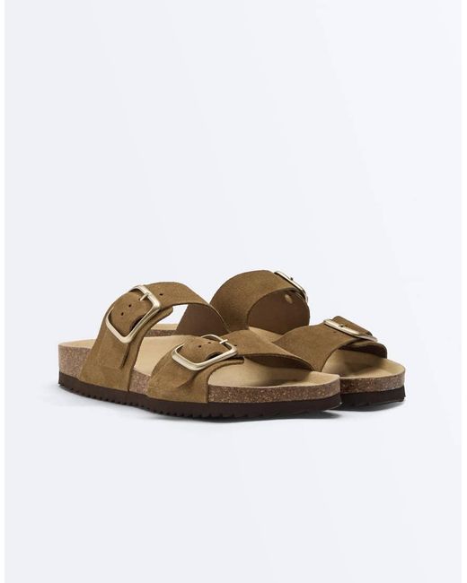 Oysho Brown Buckle Split-Leather Sandal