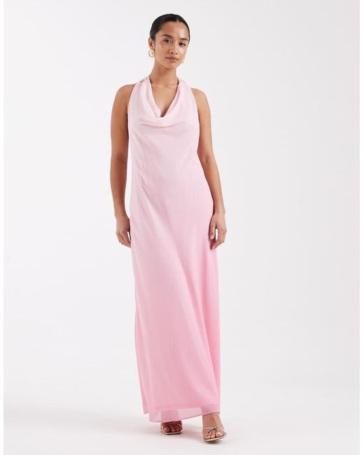 TFNC London Pink Bridesmaids Halter Neck Chiffon Maxi Dress