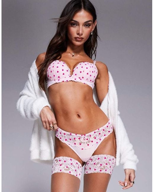 Ann Summers Pink Ann Summer Sexy Lace Flocked Heart Padded Plunge Bra