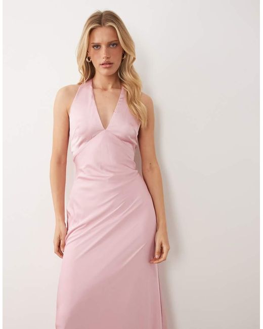 TFNC London Pink Bridesmaids Satin V Neck Lace Up Open Back Detail Scarf Neck Maxi Dress