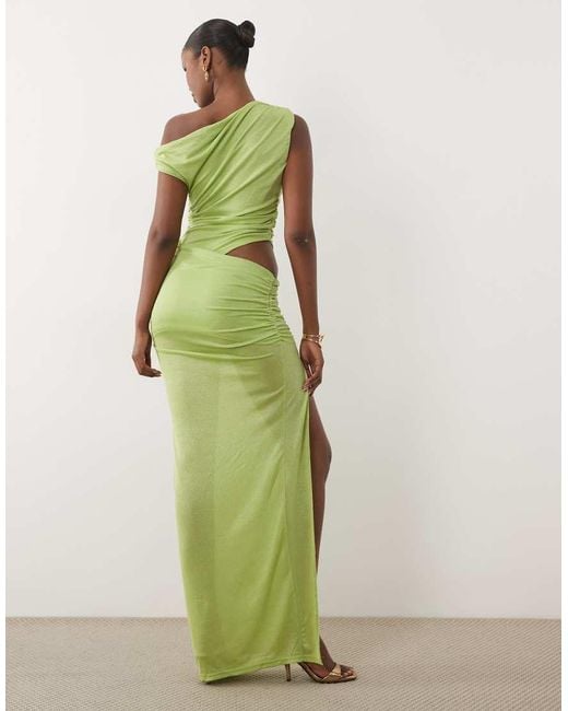 Murci Green Off Shoulder Ruched Detail Shimmer Knit Maxi Dress