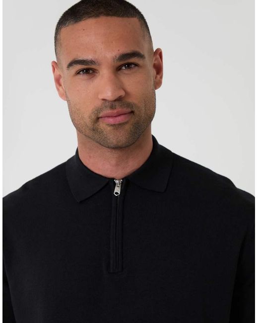 Threadbare Black Relaxed Fit Knitted Quarter Zip Polo for men