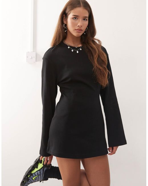 monki t shirt dress Monki Cinched Waist Long Sleeve Mini T-shirt Dress in Natural