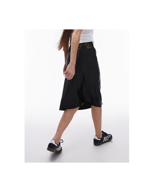 TOPSHOP Black Lace Waistband Insert 90s Length Satin Bias Skirt