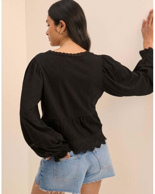 Nobody's Child Black Embroidered Tie Front Blouse