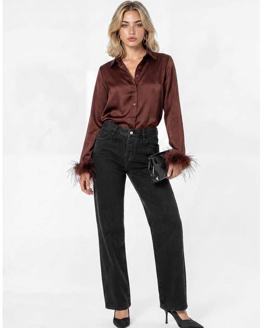 Lovedrobe Red Feather Cuffs Chocolate Satin Shirt
