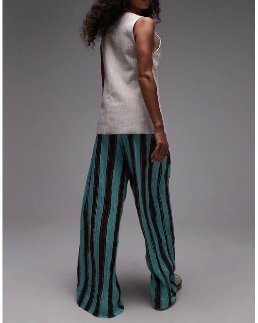 TOPSHOP Gray Stripe Crinkle Wide Leg Trousers