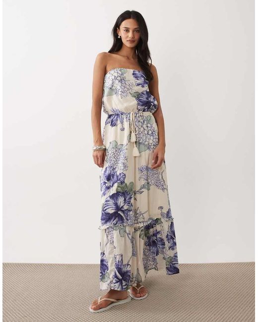 Abercrombie & Fitch White Bandeau Tiered Maxi Dress With Floral Print