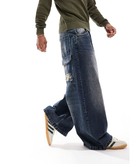 Bershka Super baggy Jeans Met Borduursel in het Blauw voor heren | Lyst NL