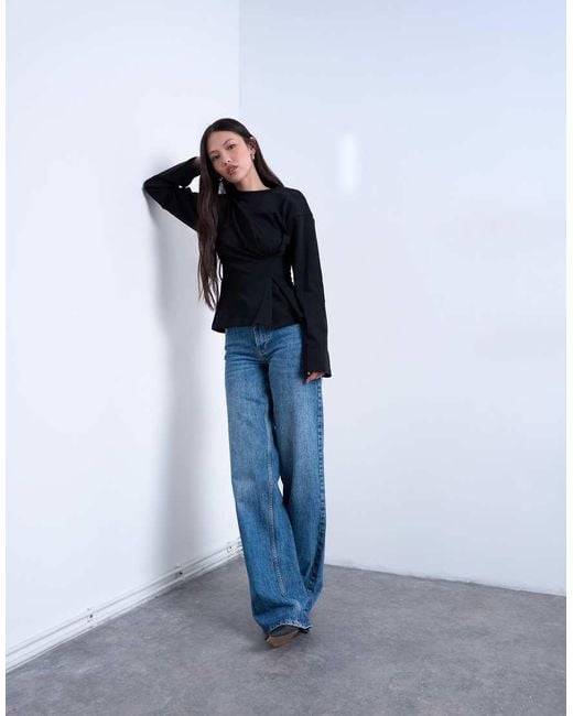 Camiseta Negra Estructurada De Manga Larga Con Cintura Ceñida De TOPSHOP de color Blue