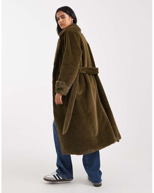 Wednesday's Girl Green Belted Faux Shearling Midaxi Coat