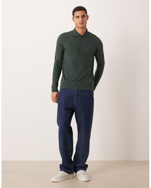 ASOS Blue Essentials Regular Fit Long Sleeve Pique Polo for men