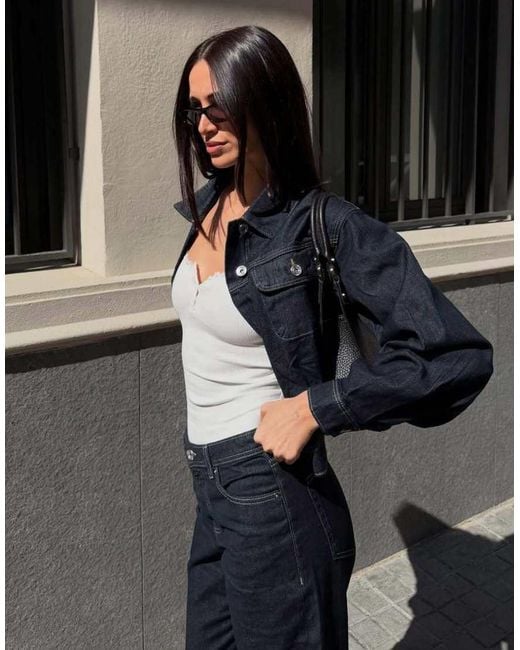 Bershka Blue Cropped Balloon Denim Jacket