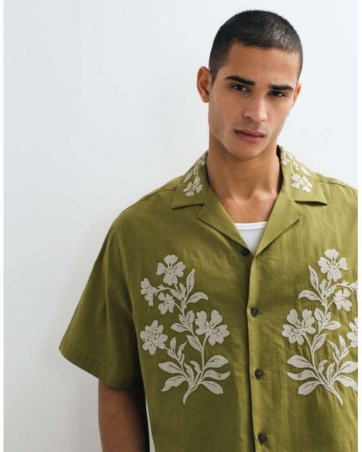 ASOS Green Oversized Shirt With Floral Embroidery for men