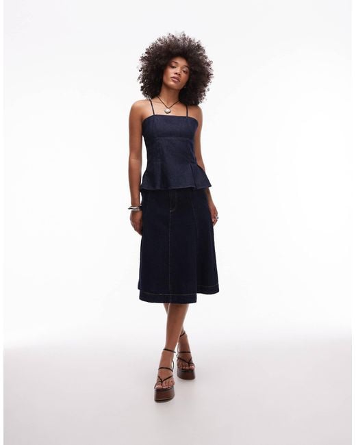 TOPSHOP Blue Denim Strap Peplum Top