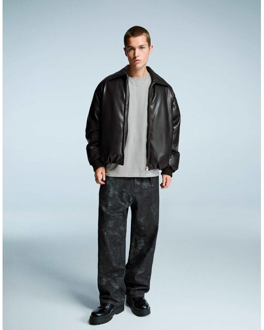 Bershka – steppjacke aus kunstleder in Gray für Herren