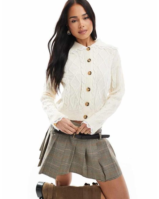 Miss Selfridge White Cable Knit Lace Collar Cardigan