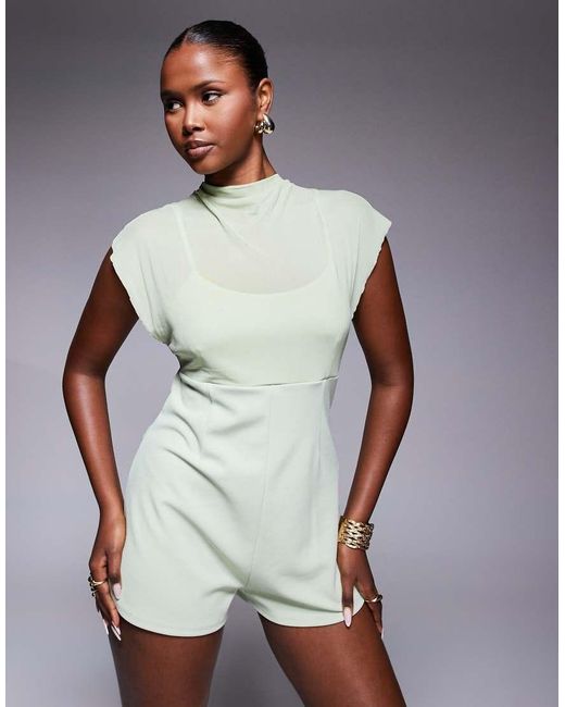ASOS Green Oversized Puff Sleeve Sheer Overlay Playsuit In
