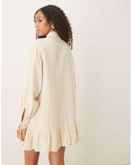 ASOS Natural Twill Broderie Mini Shirt Dress With Tonal Stitching