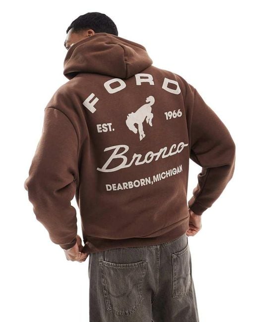 Pull&Bear Brown Ford Back Printed Hoodie for men