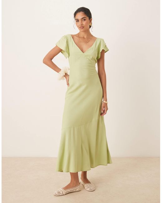 slim fit dress slacks Bridgeen Green Leaf Angel Sleeve Split Leg Midi Dress – Get That Trend