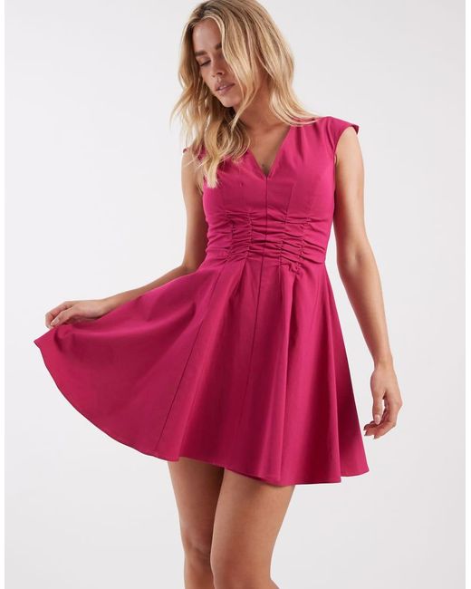 ASOS Pink Asos Design Petite V Neck Ruched Bengaline Mini Dress