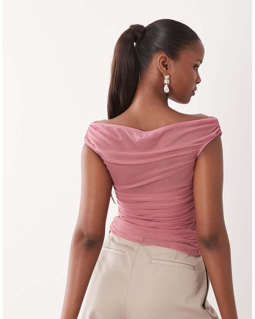 ASOS Pink Mesh Gathered Short Sleeve Off Shoulder Top
