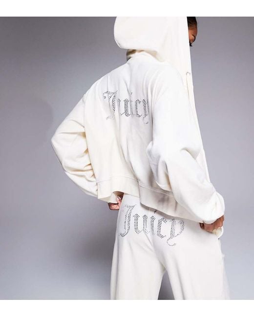 Juicy Couture White Velour Oversized Cropped Zip Through Hoodie