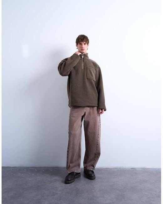 Topman Brown 1/4 Zip Borg Sweatshirt for men