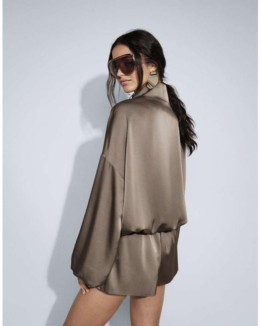 Missy Empire Brown Satin Funnel Neck Bubble Hem And Sleeve Playsuit