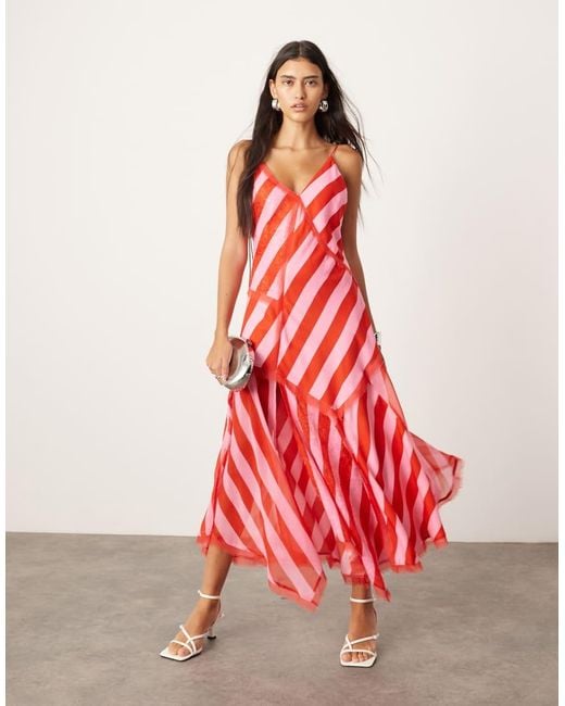 ARRANGE Red Contrast Fabric Cami Midi Dress With Hanky Hem