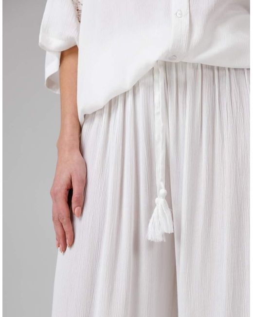 French Connection White Crinkle Trim Elasticated Drawstring Waist Wide Leg Trousers