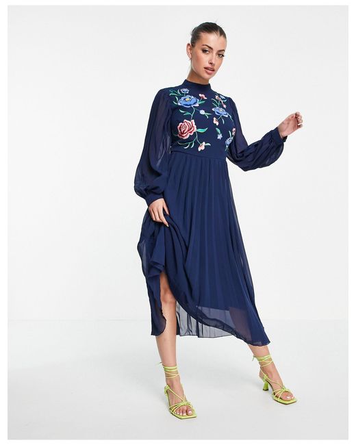 ASOS High-neck Pleated Long-sleeved Skater Midi Dress With Embroidery in  Blue | Lyst Canada