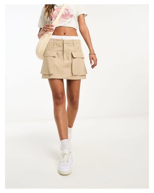 Bershka Natural Boxer Waistband Tailored Cargo Mini Skirt