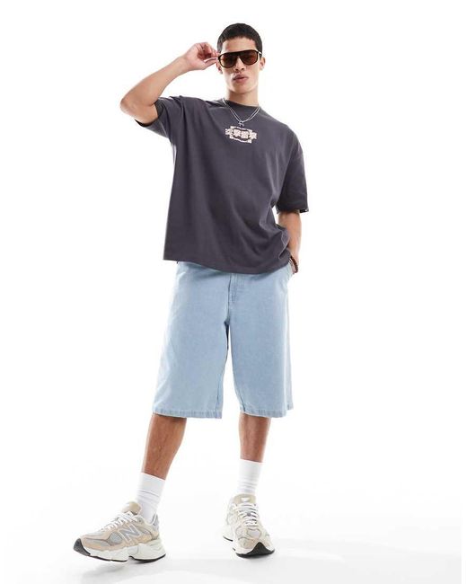 Camiseta Gris Carbón Extragrande Con Estampado Gráfico Estilo Sukajan En La Espalda De ASOS de hombre de color Blue