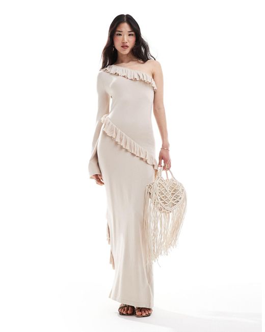 Pretty Lavish White Asymmetric Ruffle Knit Maxi Dress