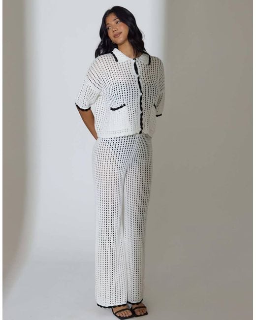South Beach Gray Crochet Knit Cuff Detail Wide Leg Trousers