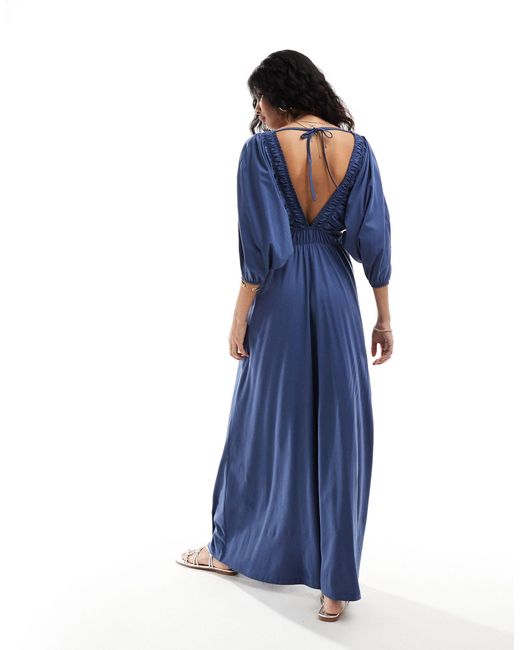 ASOS Blue Plunge Elastic Tea Midi Dress With Ruched Waist