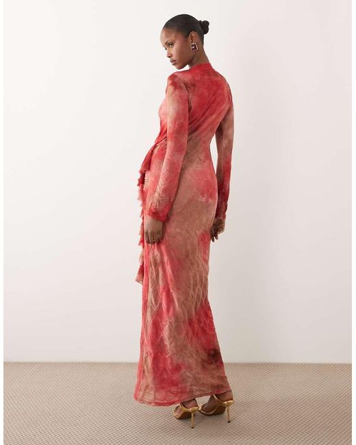 DASKA Red Frill Long Sleeve Maxi Dress