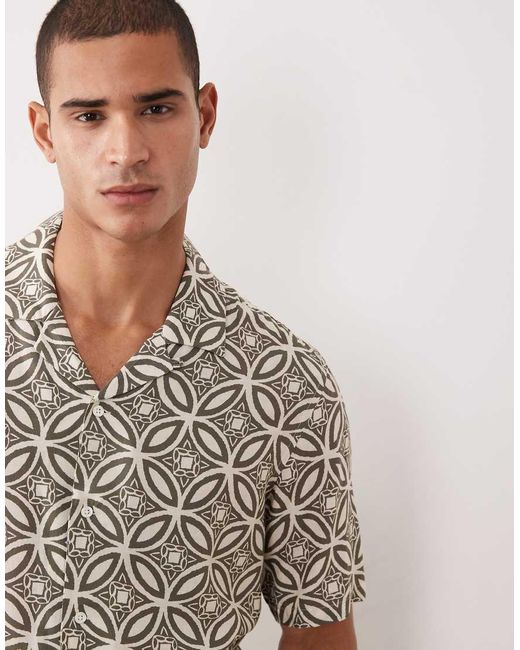 Mango Natural Mnago Linen Blend Retro Geometric Print Shirt for men