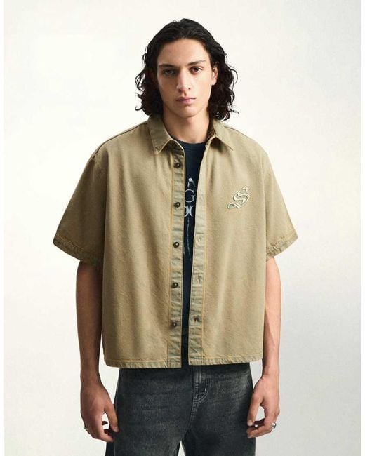 Bershka Natural Short Sleeve Boxy Textured Shirt for men