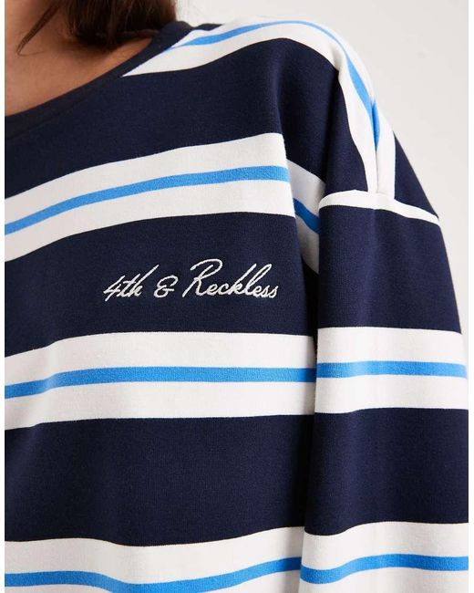 4th & Reckless Blue Cotton Rich Embroidered Logo Crew Neck Oversized Long Sleeve Oversized T-Shirt