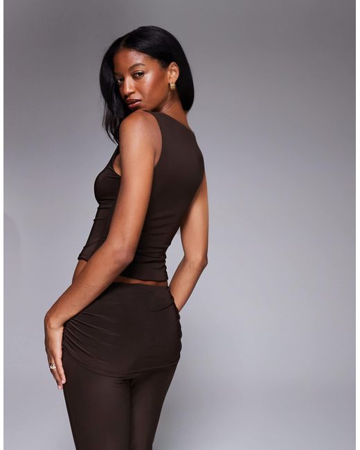 Kaiia Brown Exclusive Double Layered Slinky Slashneck Top Co-ord