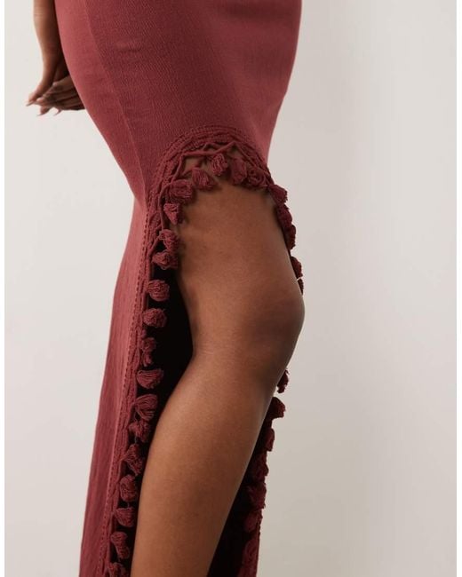 ASOS Red Co-ord Crinkle High Split Skirt With Tassel Detail