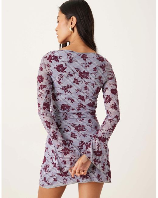 motel sevila long sleeve mini dress Sevila Long Sleeve Mini Dress in Flocked Botanical Flower Maroon , Bodycon