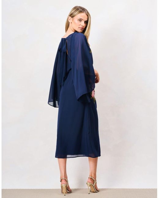 Hope & Ivy Blue The Ludmila Embroidered Caped Sleeve Midi Dress With Bow Back