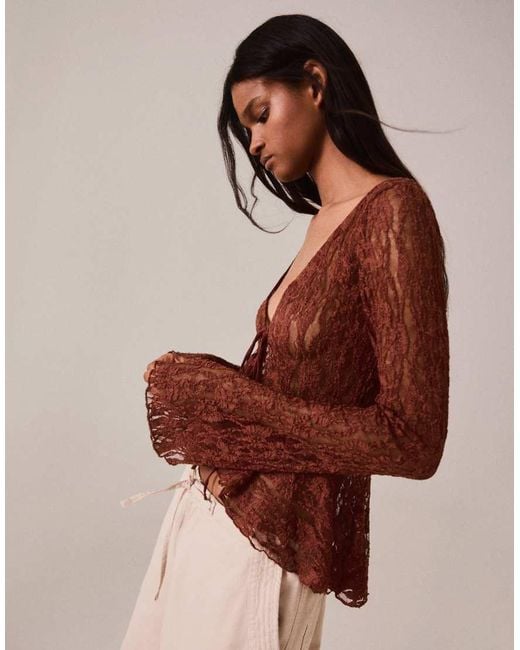 Bershka Brown Lace Ruffle Jacket